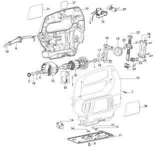 Default Diagram and Parts List for PF300-BR Type 1 Black and Decker Jig Saw